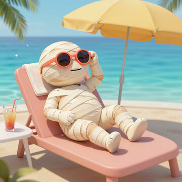 cute cartoon mummy relaxing on a beach lounge chair under an umbrella on a sunny day concept of vacation