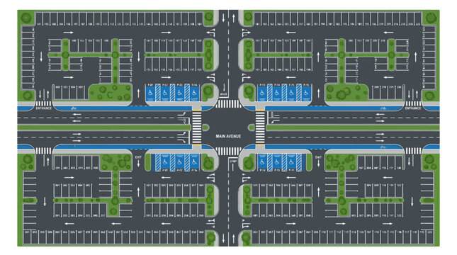 Comprehensive top-down diagram of a smart urban parking lot design, featuring accessible spaces and interconnected roads.