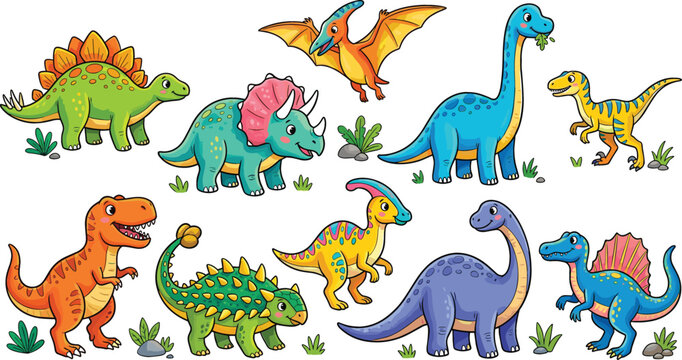 Cute Dinosaur Cartoon Character Vector Set Featuring TRex Triceratops Stegosaurus Brachiosaurus and Pterodactyl Illustrations for Kids Books and Educational Designs