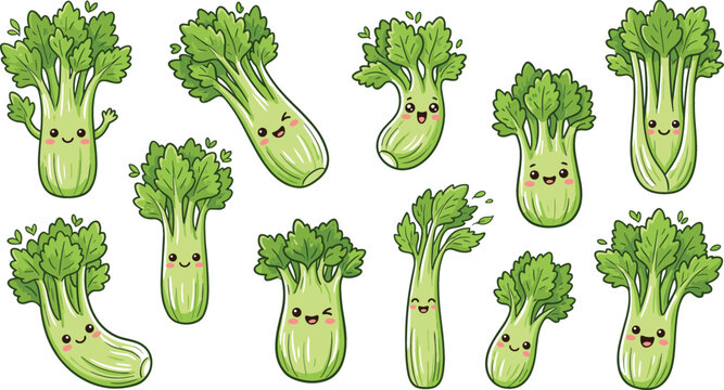 Cute Celery Cartoon Character Icon Set with Funny Smiling Expressions, Green Vegetable Bundles and Healthy Food Stalk Illustrations for Kids Designs