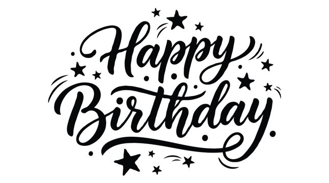 Elegant black ink Happy Birthday hand drawn calligraphy greeting with stars