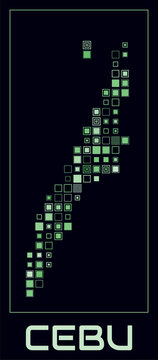 Cebu digital style map. Large square dots on dark background. Dotted shape of the island. Cebu map and title. Amazing vector illustration.