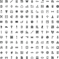 Fototapeta premium Collection of various minimalist black and white line art icons arranged in a grid, illustrating a wide range of common objects, symbols, and concepts