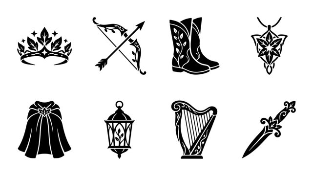 Fantasy medieval objects silhouette icons, outline, for game design