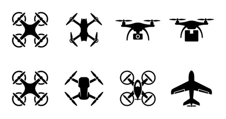 Obraz premium 7 Drone and Airplane Silhouettes, Flat, for Aviation and Delivery Concepts