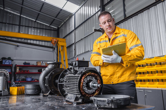 Engineer Checking DC Motor, Technician Man in Garage check inspecting service maintenance Stator.