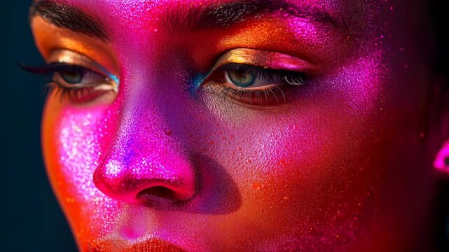Close-up of a young woman with vibrant face paint showcasing colorful hues of pink, orange, and blue, highlighting her expressive eyes and glistening skin texture