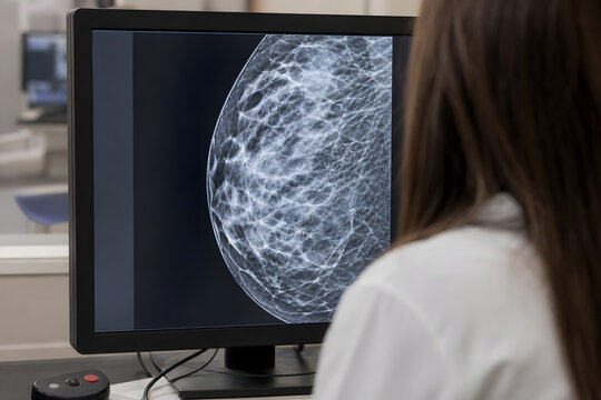 Radiologist reviewing mammogram on clinic monitor
