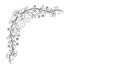 Fototapeta premium Elegant floral corner ornament, delicate vine with leaves and small flowers, hand-drawn sketch