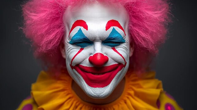 Clown with pink hair and colorful costume transitions from wide smile to subtle grin, showcasing vibrant makeup and expressive facial features against a dark background