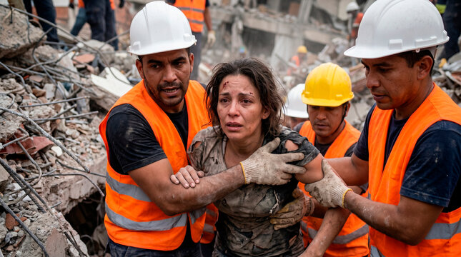 Rescue workers helping a woman survivor after a major earthquake. Emergency personnel assisting injured person at a massive disaster site with piles of rubble. Crisis and relief effort.