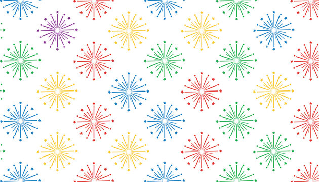 Spectacular festive seamless pattern with bright colorful fireworks and stars scattered across a clean white background.