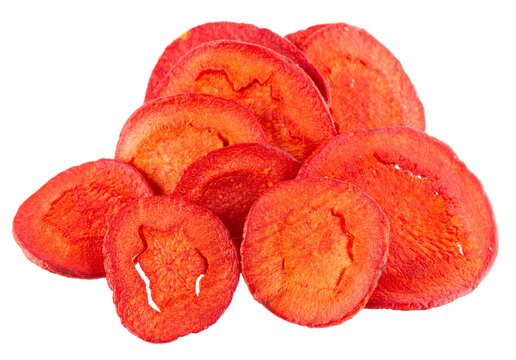 Crispy roasted carrot chips with sea salt, isolated on white background. Healthy and crunchy natural vegetable snack. Clipping path.