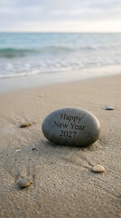 Obraz premium Minimalist Ocean Sunrise Background with New Year 2027 Message on Sea Pebble