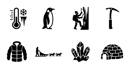 Arctic and Antarctic Icons: Penguin, Igloo, Thermometer, Ice Axe, Down Jacket, Sled Dogs © Png_Mart