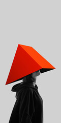 Person wearing oversized red pyramid hiding face in surreal profile portrait. Concept of hidden identity, creativity, digital anonymity and contemporary abstract fashion. © master1305