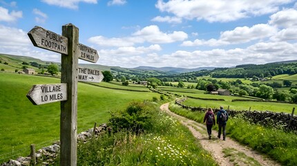 Fototapeta premium Hikers follow fingerpost sign through lush green countryside landscape