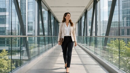 Naklejka premium Confident businesswoman walking through a glass skybridge in a modern urban office complex