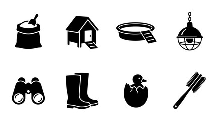 Farm Icons Set: Chicken Coop, Duckling, Boots, Binoculars, Feed Bag, Pool, Lamp, Brush © Png_Mart