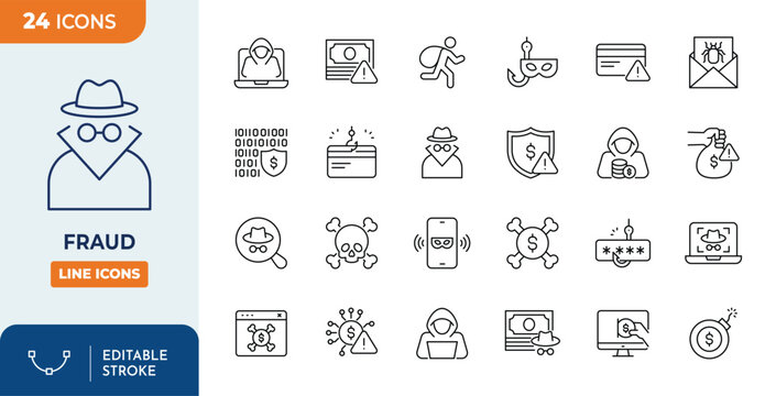 Fraud line editable icon set. Contain icons related to cybercrime, scam, phishing, hacker, and more. Editable stroke. Vector illustration