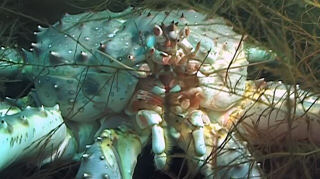 Close-up of a majestic Large Red King Crab Paralithodes Camtschaticus navigating its serene underwater Arctic home. Its spiny, colorful shell shines amidst the deep ocean's quiet beauty.