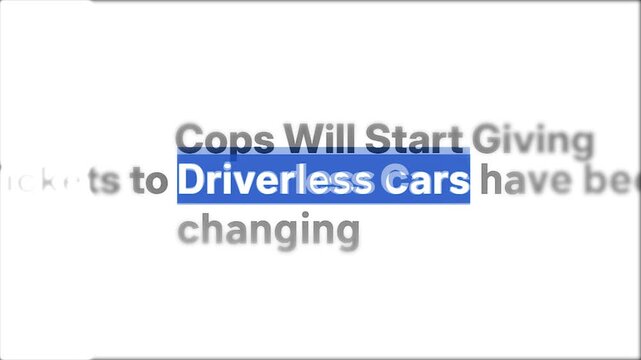 Close up of various online technology news articles and website headlines discussing driverless cars, autonomous vehicle safety regulations, and smart transport innovations