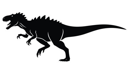 Fototapeta premium Black silhouette of a predatory carnivorous dinosaur running in profile against a clean white background.