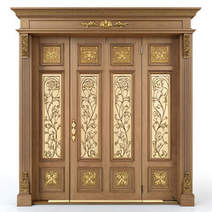Obraz premium Art Nouveau Oak Quad Door with Vine Marquetry Inlay Panels PNG 