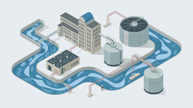 Isometric view of a water treatment plant facility showcasing filtration tanks and flowing water channels for environmental engineering or utility infrastructure presentations.