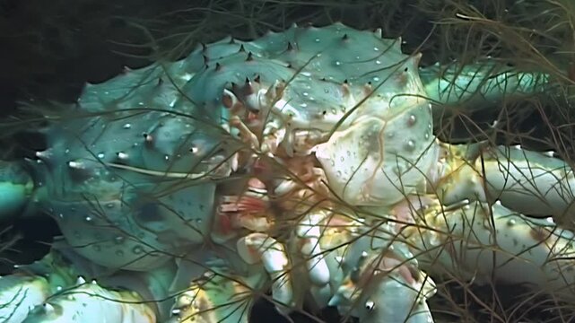 Captivating glimpse of a magnificent Red King Crab Paralithodes Camtschaticus thriving in its natural habitat in the chilly Arctic Ocean depths. The creature remains still.