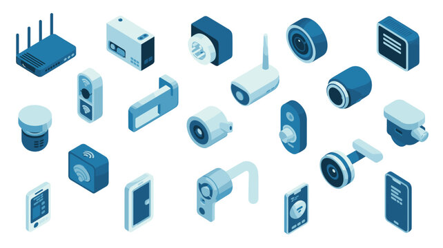 Home monitoring and surveillance systems featuring isometric security cameras, mobile phones, and smart doorbells in blue tones for residential safety.