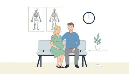 Fototapeta premium Pregnant woman and her supportive husband waiting patiently on a bench inside a modern osteopathic clinic.