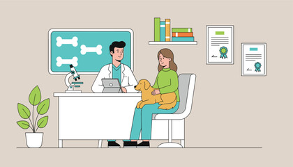 Naklejka premium Professional male veterinarian consulting a female pet owner with her cute golden retriever dog on her lap.