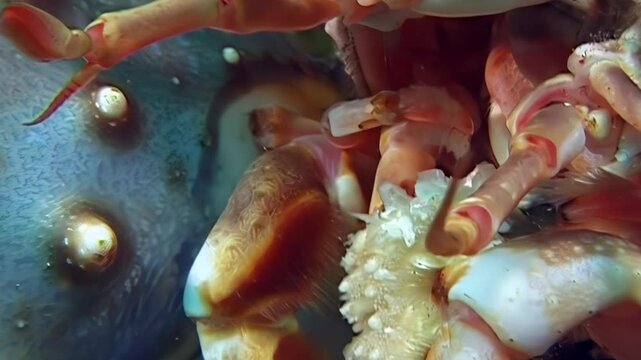 A breathtaking close-up shows a large Red King Crab, Paralithodes Camtschaticus, moving its intricate appendages in the frigid Arctic ocean, a glimpse into its hidden world.