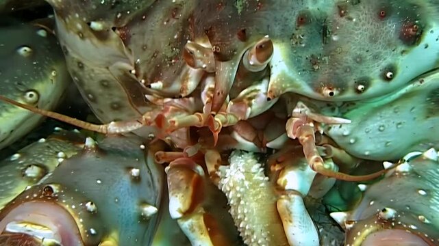 Magnificent Red King Crab, Paralithodes Camtschaticus, thrives in Arctic depths. This intimate view reveals crustacean's intricate movements and stunning textures as it navigates its icy domain.