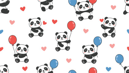 Obraz premium Seamless pattern featuring adorable cartoon pandas holding colorful balloons surrounded by tiny sweet hearts.