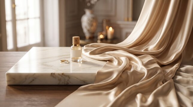 Elegant Still Life with Perfume Bottle, Silk Fabric and Marble Surface in Soft Lighting