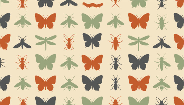 Seamless retro pattern of colorful insect silhouettes including butterflies dragonflies beetles and bees.