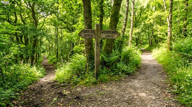 Fork in forest path with wooden signpost pointing to river and woodland walk