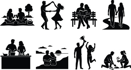 Obraz premium Happy couple lifestyle activities black silhouette vector icon collection isolated on white background
