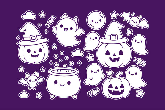 Cute white line art stickers featuring happy pumpkins wearing witch hats, smiling ghosts, small bats, and sweet candy treats icons