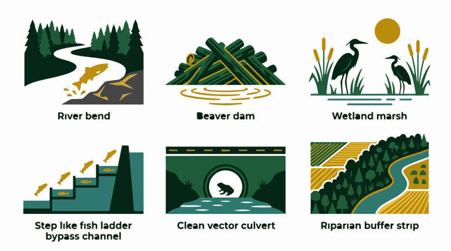 Set of six vector illustrations depicting various river and wetland environmental features including fish ladders and riparian buffer zones