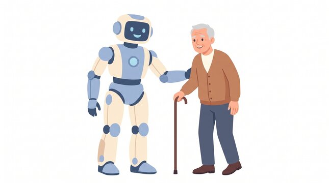 A friendly, light-colored robot gently assists an elderly man who uses a cane. This illustration depicts robotic assistance and companionship.

