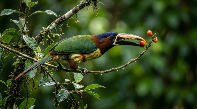 Crimson-rumped Toucanet feeding on berries in a lush rainforest habitat