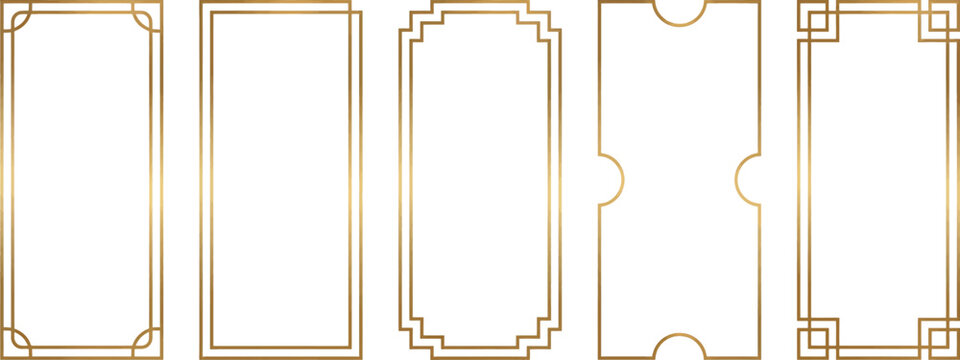 Set of five luxury gold art deco rectangular frames with rounded and geometric corners isolated on white background