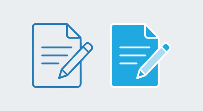 Document with pencil icon set representing writing and editing in outline and solid blue variations