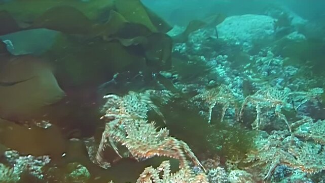 Observing a majestic migration of large red King Crabs, Paralithodes Camtschaticus, navigating the frigid Arctic seabed. This natural wonder showcases their powerful journey in cold, deep waters.