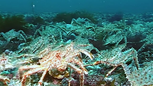 Witness a breathtaking migration of large red King Crabs Paralithodes Camtschaticus as they majestically traverse the cold Arctic seabed, a truly ancient and vital journey.