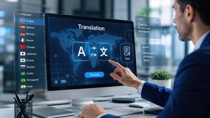 Fototapeta premium Business professional using desktop translation software with touchscreen interface, world map background, language list and translation icons