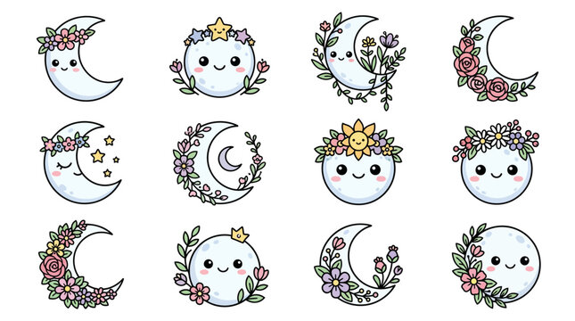 Cute Moon Characters with Flowers, Kawaii Style, Celestial Icons Set
